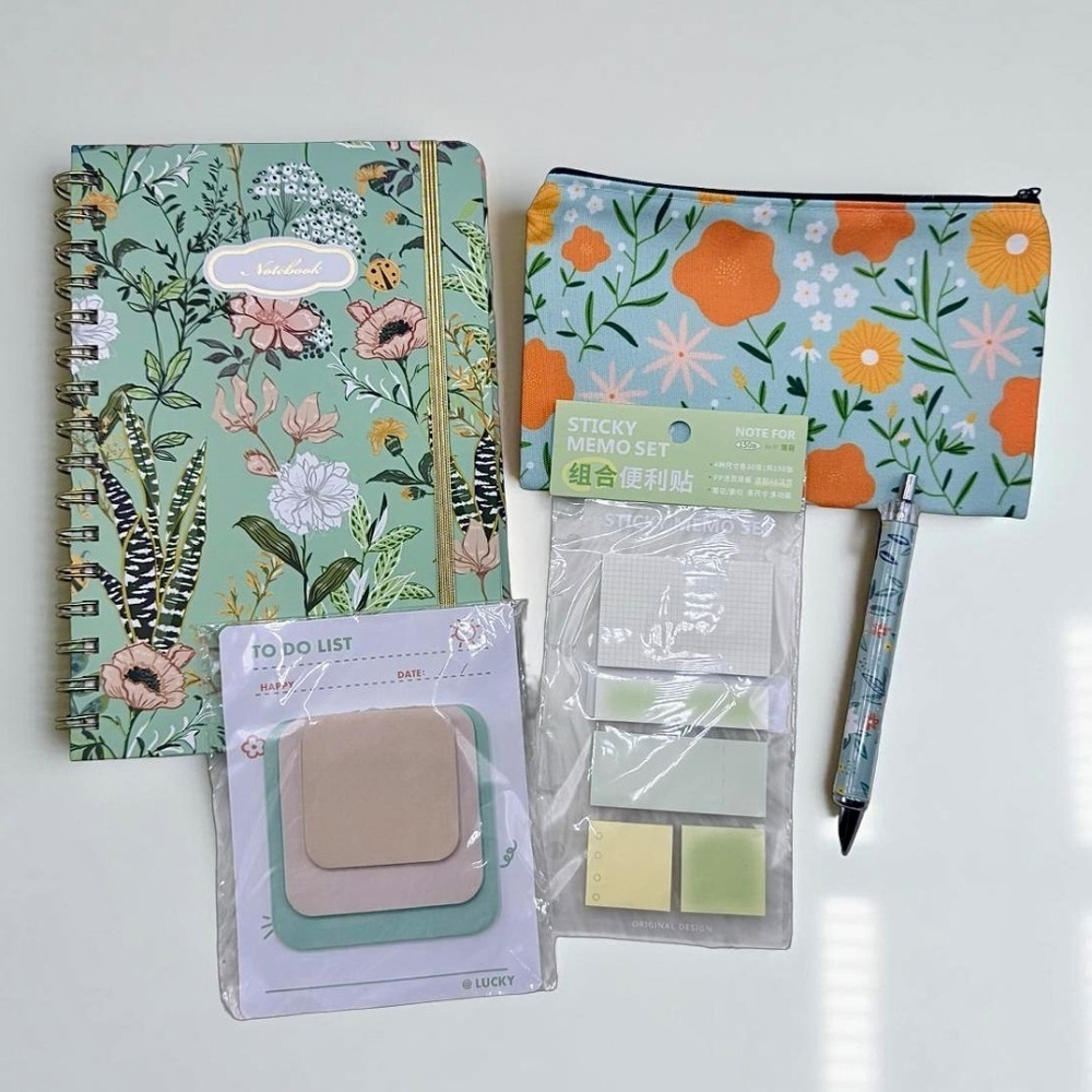 The Notebook Hardcover Floral Stationary Set Green Floral Theme